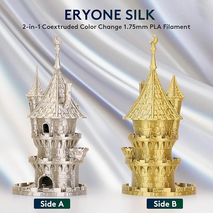 ERYONE Silk Dual Color PLA Filament 3D Printer 1.75mm +/- 0.03mm, Bicolor Filament Two Tone PLA 1KG(2.2lbs) Cardboard Spool, Gold Silver