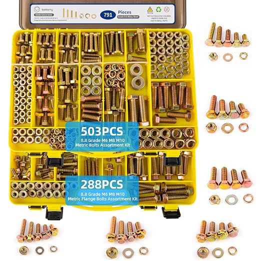 791pcs Nuts and Bolts Assortment Kit - Heavy Duty Grade 8.8 Metric M6 M8 M10 Bolt Set with Assorted Nuts and Washers, Yellow Zinc Plated, Length from 12-40mm