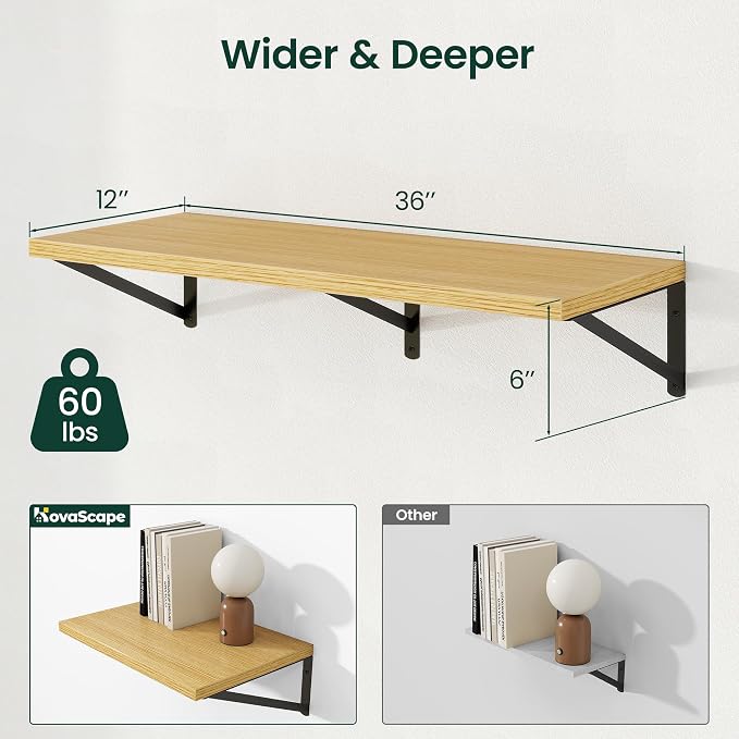 Floating Shelves 12 Inch Deep, 36W x 12D Wall Shelf Set of 2, 60 lbs Heavy Duty Reversible Metal Brackets, Deep Industrial Book Shelf for Living Room Kitchen Bath Bedroom Coffee Bar, Oak