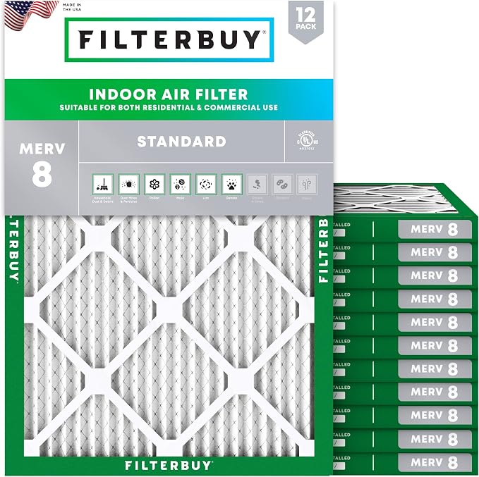 Filterbuy 8x14x1 Air Filter MERV 8 Essential Dust & Allergy Defense (12-Pack), Electrostatic Pleated HVAC AC Furnace Filters Replacement, Made in USA (Actual Size: 7.50 x 13.50 x 0.75)