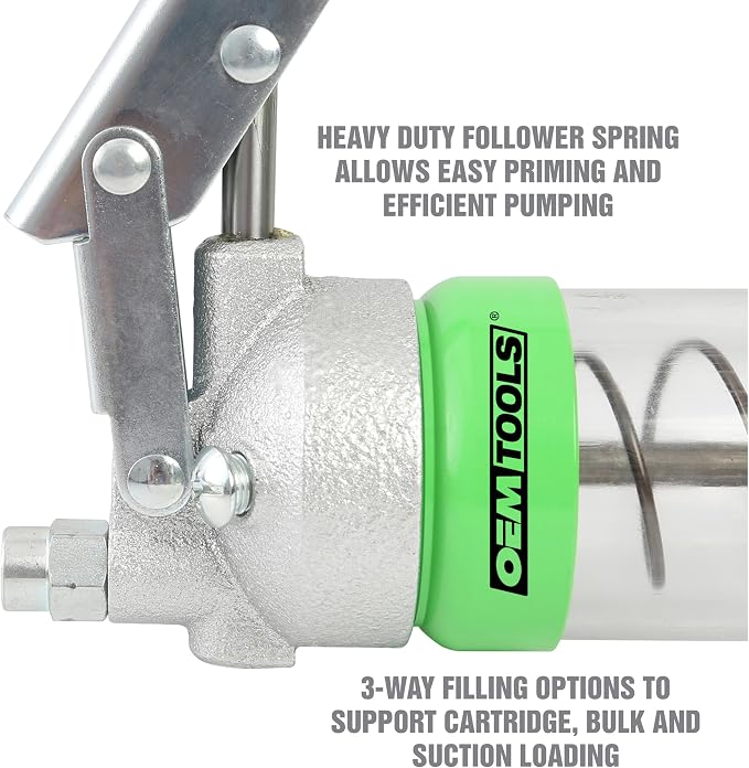 OEMTOOLS 87204 Clear Lever Action Grease Gun, Automotive Grease Gun for Heavy Machinery, 10,000 PSI Max Pressure, Suction and Cartridge Loading, Transparent Barrel