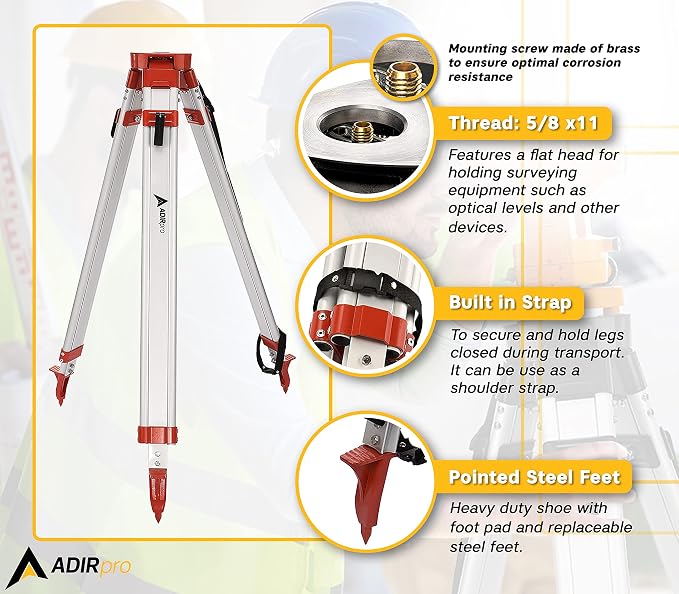 AdirPro Laser Level Tripod - Universal Heavy Duty Survey & Transit Tripod - 5/8" x 11" Thread - Quick Clamp - Aluminum Construction for Lasers & Levels (Orange)