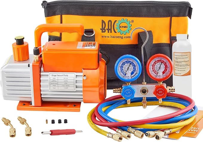BACOENG R32 AC Vacuum Pump and Gauge Set, 4 CFM HVAC Vacuum Pump Kit for Mini Split System, Sparkless Motor for R32 R410a R22 Refrigerants - w/ R410a Mini Split Adapter & 3x5FT Hoses
