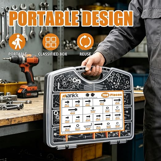 mankk 700PCS M6 Flange Bolt and M6 Button Head Hex Socket Cap Screws Assortment Kit M6×1.0 (10mm to 35mm) Metric Grade 10.9 Alloy Steel Class Hex Bolts and Nuts Washers Kit