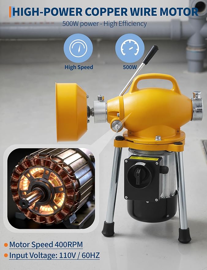 Garvee Portable Drain Cleaning Machine, Auto Feed Electric Drain Cleaner Machine Auger Sewer Snake with 66 FT x 5/8" & 16 FT x 3/5" Steel Cables & 6 Cutters, for 1.6"-4" 500 w 400 RPM