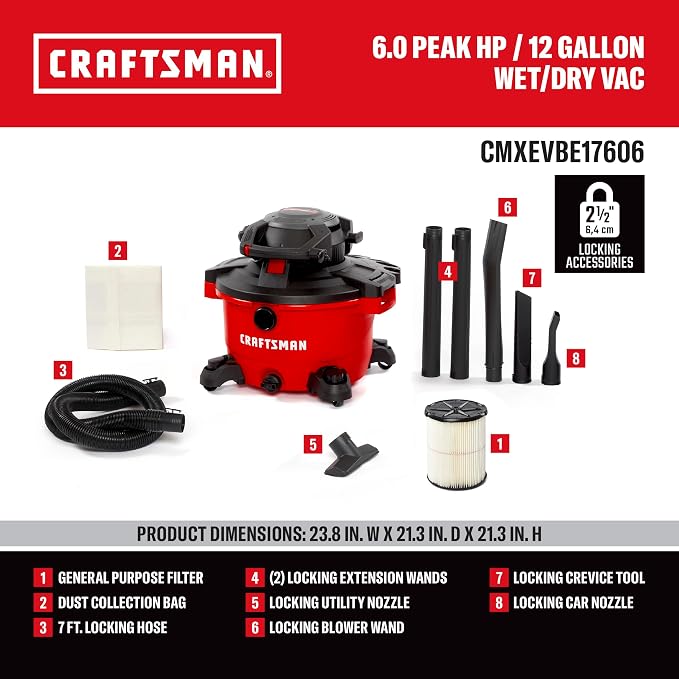 CRAFTSMAN CMXEVBE17606 12 Gal. 6.0 Peak HP Wet Dry Vac with Detach Blower | Portable Shop Vacuum Wet and Dry with Filter, Dust Bag, Hose and Attachments for Garage, Outdoor Cleaning