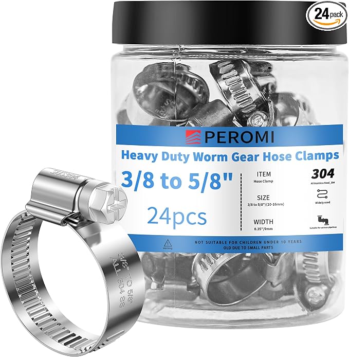 24PCS Adjustable Hose Clamps, 304 Stainless Steel Worm Gear, 3/8" to 5/8"(10-16mm), Rolled Edge No Perforations, Heavy Duty Reusable Pipe Clamp for Homes, Automotive, Piping, Ships, Industrial
