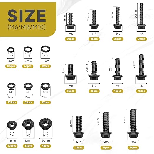 Mywish 830Pcs M6 M8 M10 Flange Metric Bolt Assortment Kit, Grade 10.9 Alloy Steel Black Oxide Nuts and Bolts, Flat/Spring Washers