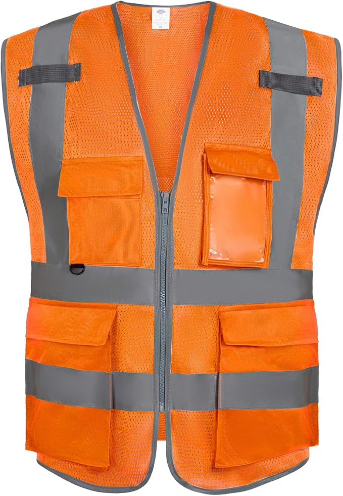 Dazonity High Visibility Mesh Safety Vest with Multi Pockets and Zipper, Fit for Men & Women, Work, Construction, Surveyor