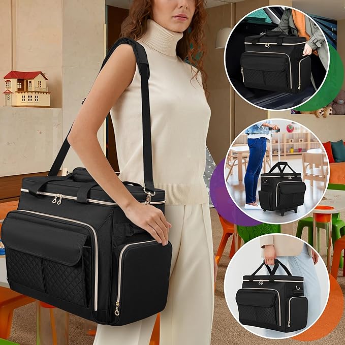 LUXJA Rolling Teacher Bag with Laptop Compartment and Detachable Dolly, Multifunctional Rolling Briefcase with Accordion File Area (Patented), Black