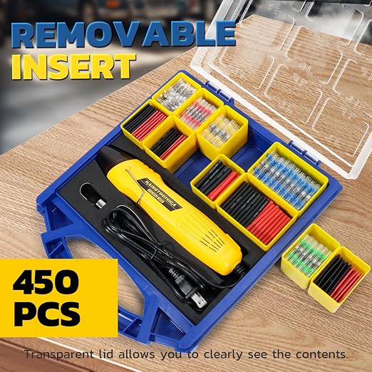 haisstronica All-in-One Solder Seal Wire Connectors with Tubing Set, Mini Heat Gun for Heat Shrink Tubing, Electrical Connectors Assortment, Organizer Box with Removable Dividers(450PCS)