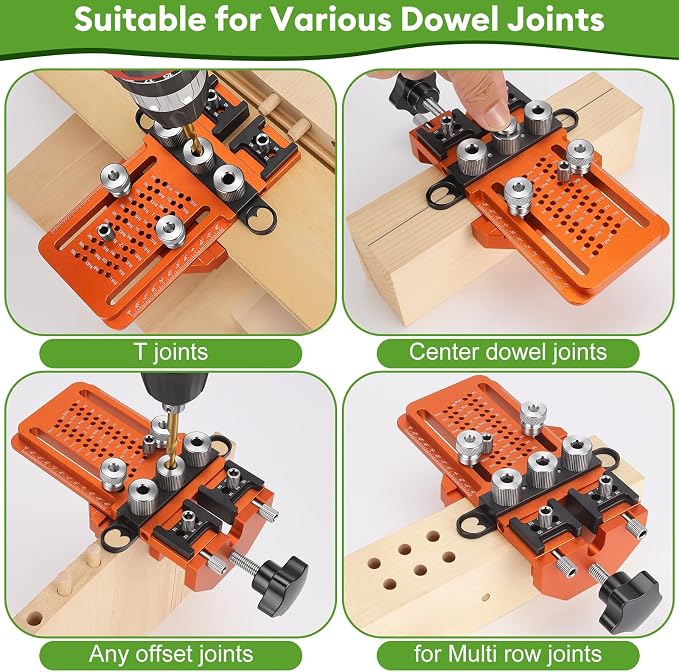 Adjustable Dowel Jig Kit, Drill Guide with Quick Positive Stop & Clamp – Fits 1/4, 3/8, 1/2 Inch Dowel Holes, Dowel Jig for Woodworking Fit All Kinds Wood Dowel Joints, for Cabinet, Furniture