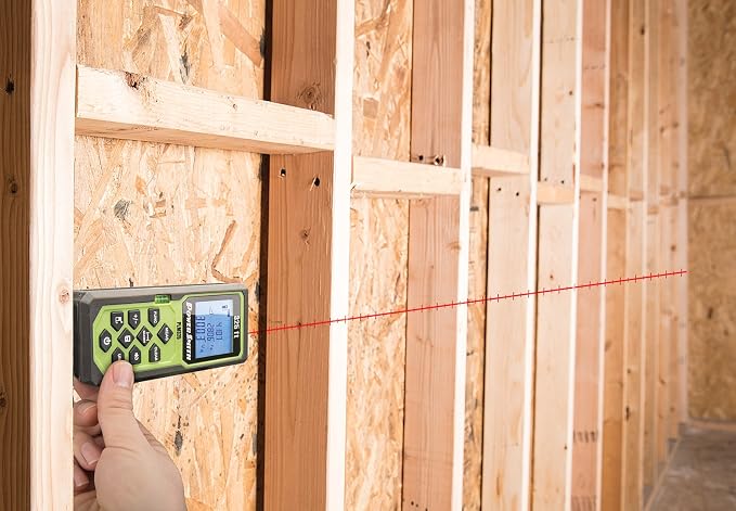 POWERSMITH PLM325 325' Weatherproof Back-Lit Digital Laser Distance Measure with Four Measuring Units, Fractional Display, Auto Shut-Off, Rubberized Grip Batteries, and Belt Holster