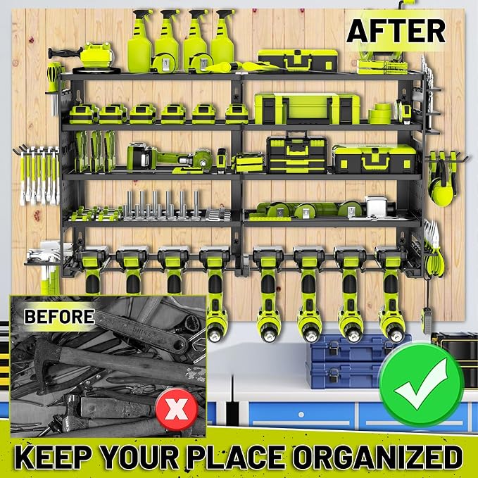 5 Layers Power Tool Organizer Wall Mount, Metal Cordless Tool Hanger Storage Rack Holder with 8 Drill Holders, Heavy Duty Garage Wall Tool Shelf for Workshop Tool Room Shed Pegboard (Black)