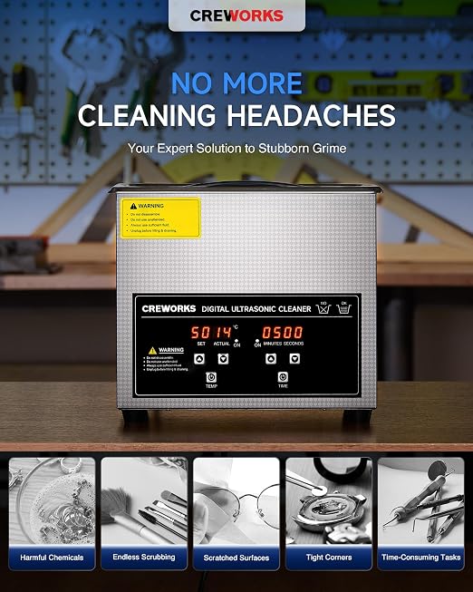 CREWORKS Professional 3L Ultrasonic Cleaner Machine & 17 fl oz Jewelry Cleaner Solution 1:40 Dilution