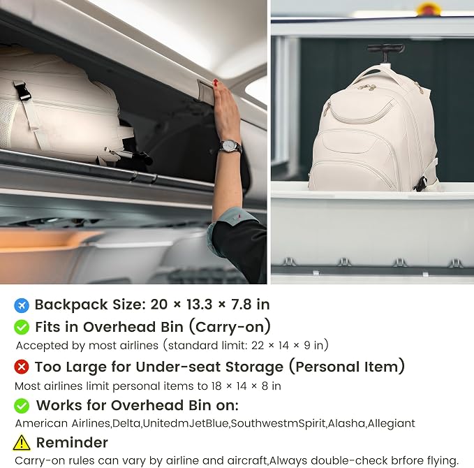 Boavan Rolling Backpack for Women, 17.3 Inch Wheeled Laptop Backpack,Large Travel Carry-On Bag for Teachers College Students, USB Charging Port Waterproof Business for Airplane Overnight Luggage，Beige