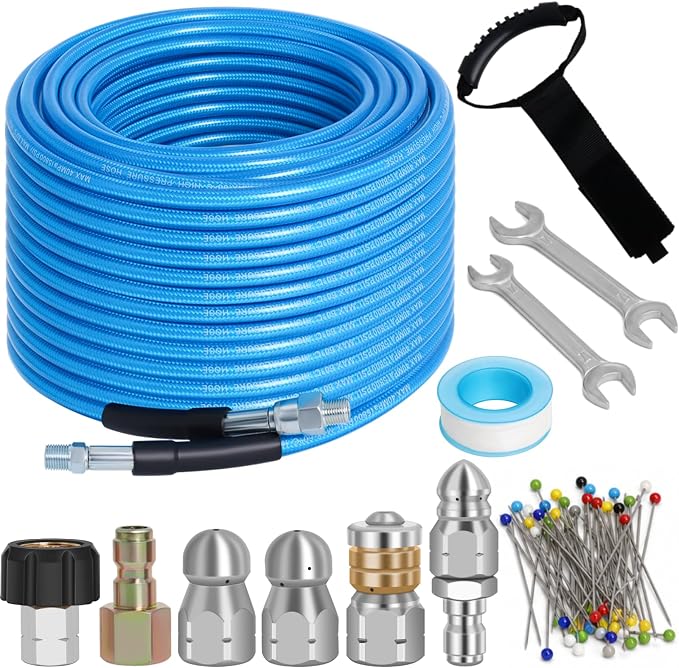 100 FT Sewer Jetter Kit for Pressure Washer, 5800PSI Water Jet Drain Cleaner Hose, 1/4 Inch NPT Corner with 4 Sewer Jetting Nozzles, Pearl Corsage Pin, Waterproof Tape, Handle Strap&2 Spanner (Blue)