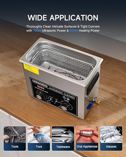 CREWORKS 6L Ultrasonic Cleaner with Heater and Timer, 180W Stainless Steel Ultrasonic Cleaner Machine with Degas & Gentle Modes, Ultrasonic Parts Cleaner with Knob Control for Jewelry Glasses Watch