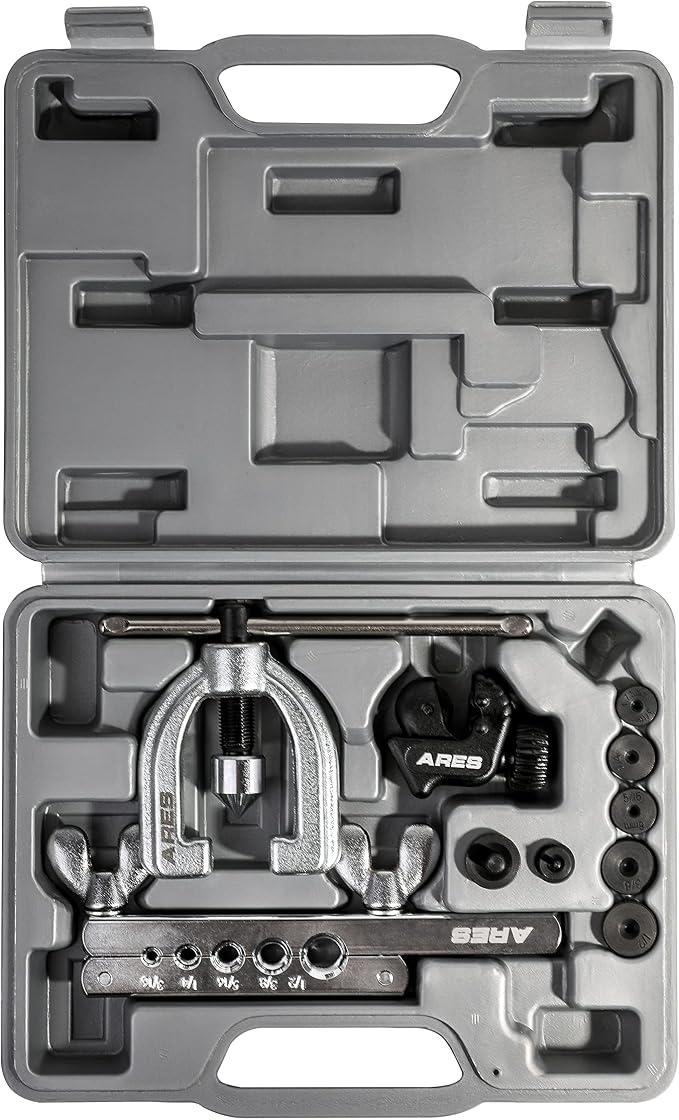ARES 18019 - Double Flaring Tool Set with Extra Adapters- Use on Copper, Aluminum, Soft Steel Brake Line and Brass Tubing - Includes Mini Tubing Cutter and Storage Case