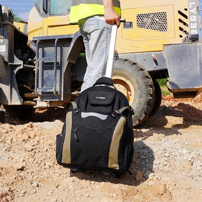 MELOTOUGH Wheeled Rolling Tool Backpack – Heavy-Duty Tool Bag with Wheels, 26-Pocket Organizer for Electricians, Carpenters, HVAC & Welders (Khaki)