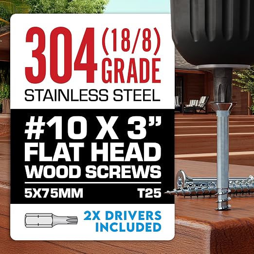 #10 x 3 Inch Stainless Steel Deck Screws | 304 Grade (1750 Pack) | Flat Head T25 Star Torx Drive | Stainless Steel Screws by Eagle Claw Fasteners | Corrosion & Rust Resistant (Includes 2 Driver Bits)