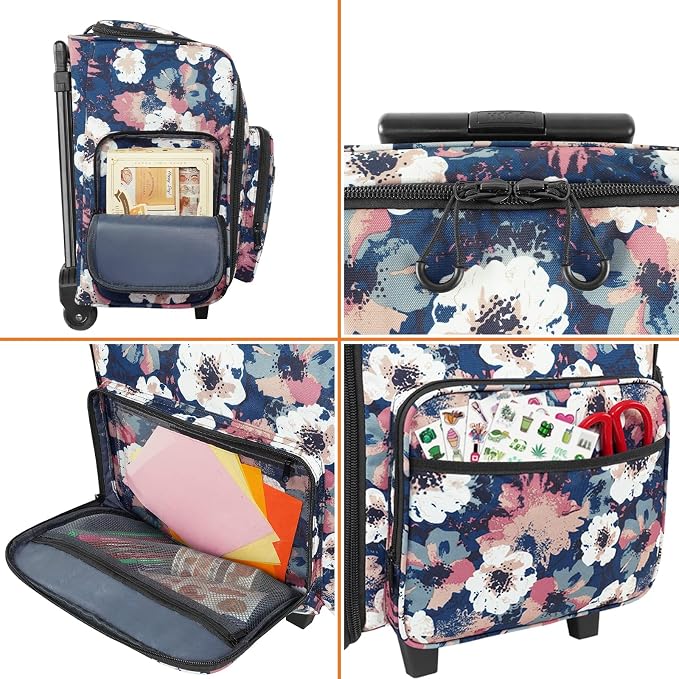 YOREPEK Large Rolling Craft Bag Wheels, Briefcase Gift for Crafter Teacher | Roller Scrapbook Tote, Water Resistant Scrapbooking Rolling Briefcase for Scrap Book Stickers Supplies and Tools, Floral
