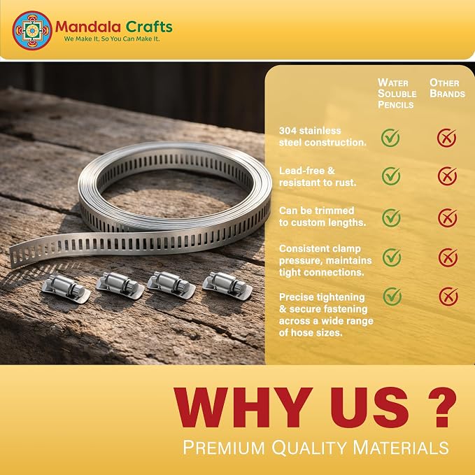 Mandala Crafts 10 FT Adjustable Worm Gear Hose Clamps 304 Stainless Steel Pipe Clamps - Metal Straps Band Strapping with Holes 50 Fasteners for Duct Automotive Mechanical