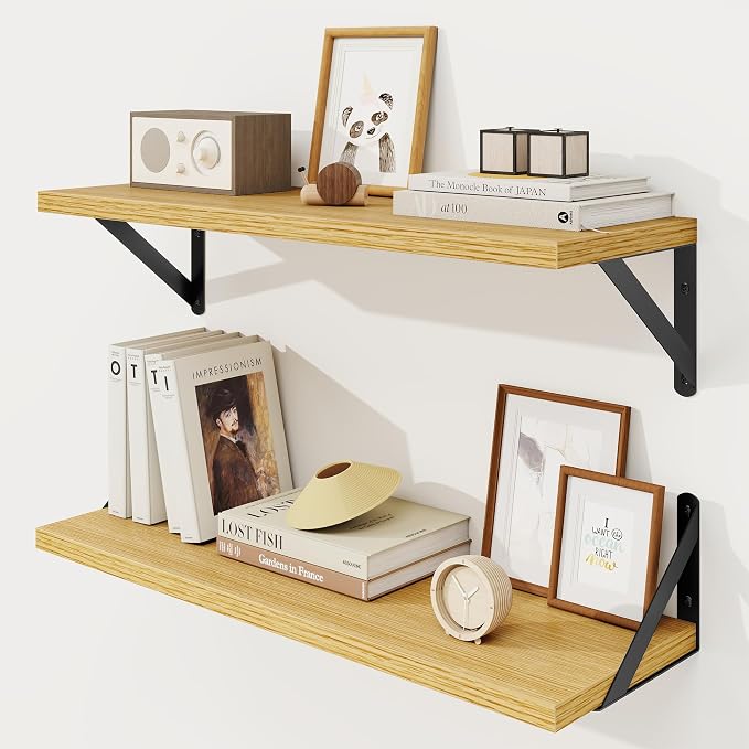 Floating Shelves 8 Inch Deep, 24W x 8D Wall Shelf Set of 2, 50 lbs Heavy Duty Reversible Metal Brackets, Industrial Book Shelf for Living Room Kitchen Bathroom Bedroom Gallery Wall, Oak