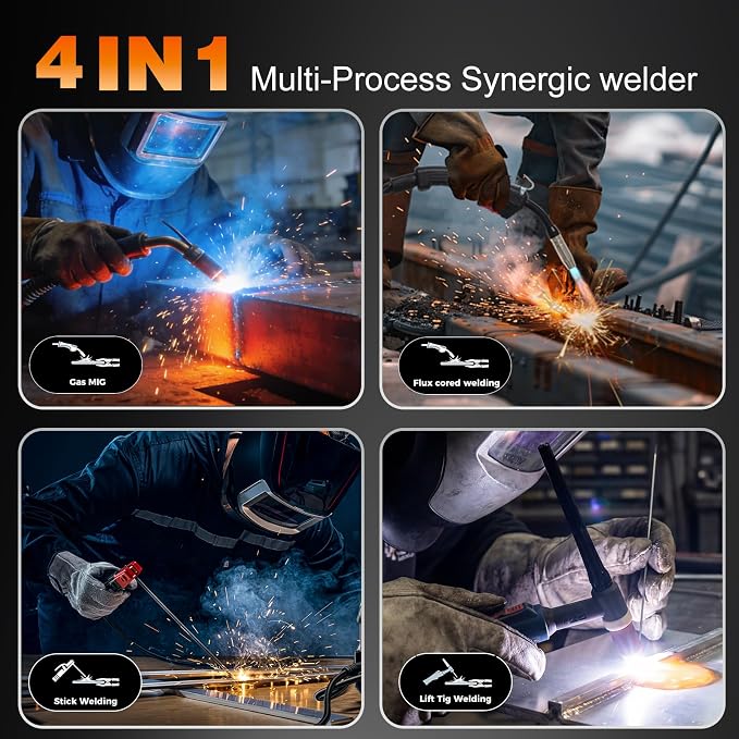 160A MIG Welder,110V/220V,4-in-1 Gas MIG/Flux Core Welder/Lift TIG/Stick Welding Machine with IGBT Inverter Synergic Control, Large Digital Display, Welding Gloves & Mask, Portable Welder