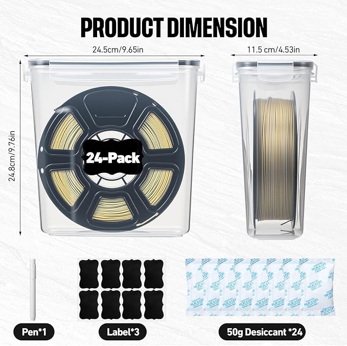 24 Pack 3D Printer Filament Storage Box - Portable Sealed Filament Container 4.0 L Water-Proof & Dust-Proof with Desiccant, Tag, Pen for Studio Office Workshop Home, Only Case Set