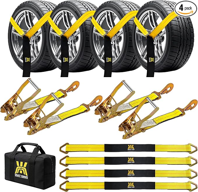 Car Tie Down Straps for Trailers, 4 Pack 2" x 144" Heavy Duty Car Hauler tire Straps, 10,000 lbs Break Strength, Ratchet Straps with Snap Hooks & Axle Straps for Cars, SUVs, Trucks, ATVs & UTVs