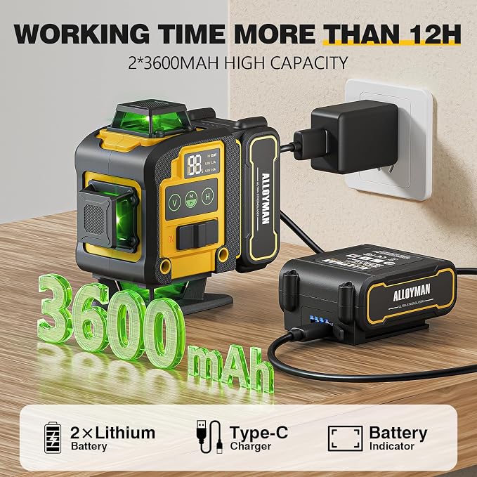 Laser Level with Tripod, Alloyman 4x360° Self Leveling Laser Level, Green Line Laser 4D Laser Leveler Tool with 2Pcs Lithium Batteries for Picture Hanging, Tile, Home Renovation, Indoor