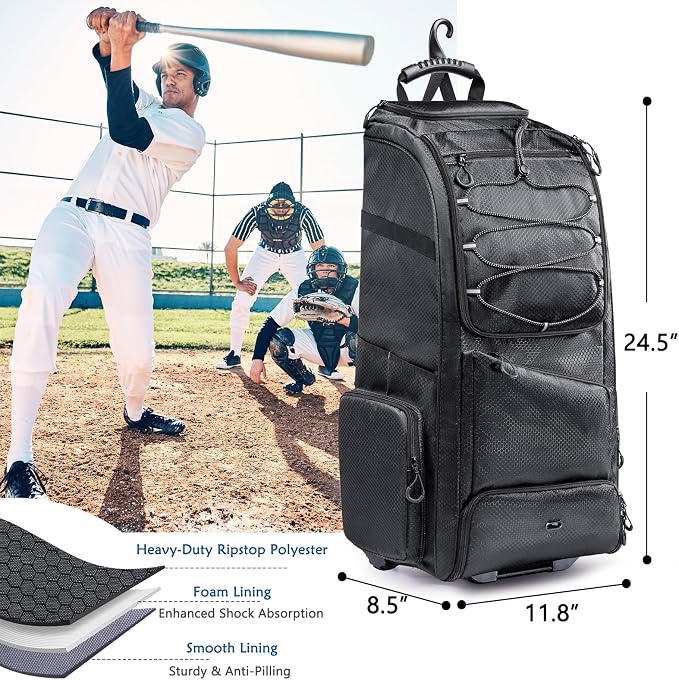 Large Rolling Baseball Catchers Gear Bag with Wheels, Softball Bag with Hard Backing for 4 Bats,Equipment Bag with Separate Shoe & Helmet Compartments, Youth Baseball Bag with 360° Spinner Wheels