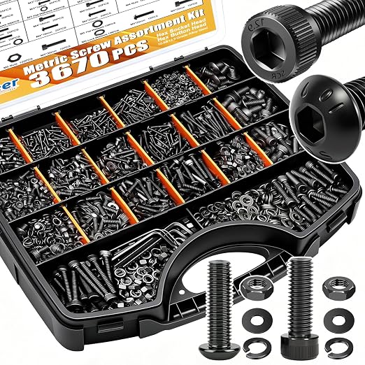 weideer 3670pcs M2 M3 M4 M5 Metric Screw Assortment Kit,Metric Bolt Assortment,12.9 Alloy Steel Hex Socket Head 10.9 Alloy Steel Hex Button Head Machine Screws Nuts Washers with Wrench