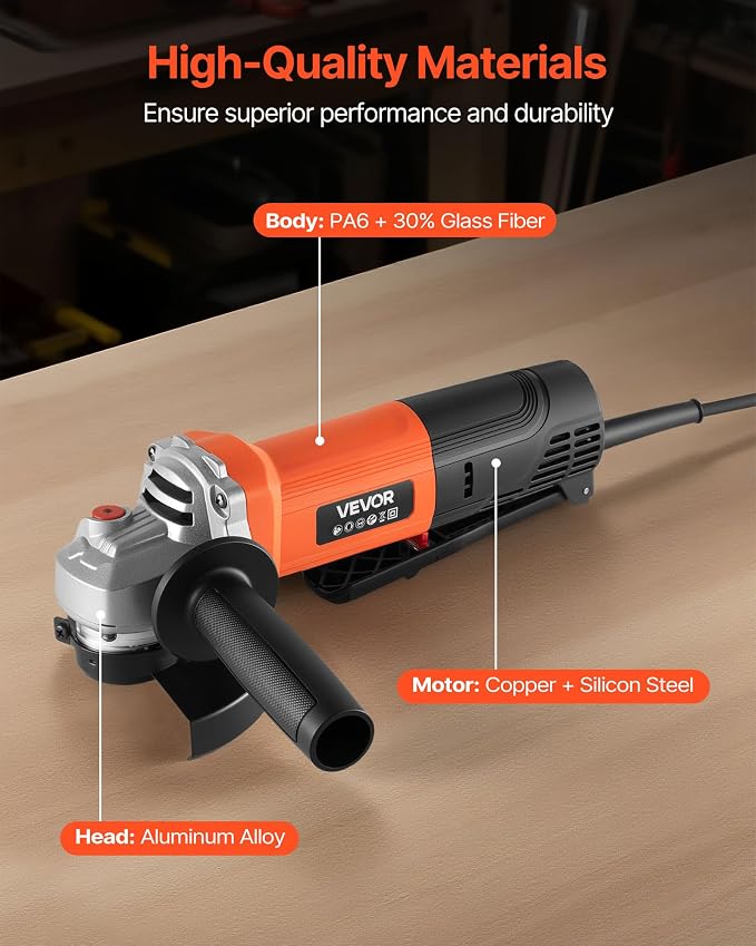 VEVOR Angle Grinder, 4-1/2" Electric Grinder Power Tool, 8Amps 12000RPM High-Speed Corded Angle Grinders with 230° Adjustable Dust Guard for Metal Grinding, Cutting, Rust Removal (Disc Not Included)