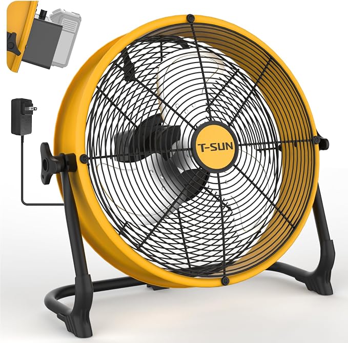 T-SUN 12-Inch Portable Fan Compatible with DeWalt 20V MAX Battery, Battery Powered Fan with AC Adapter & USB-C Output, High Velocity Cordless Floor Fan for Jobsite, Garage, Camping