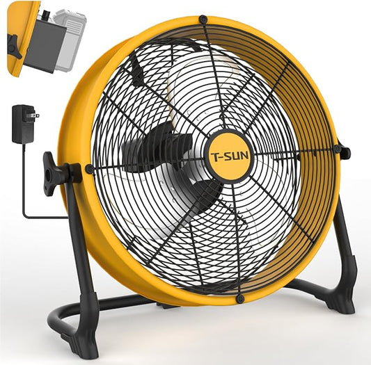 T-SUN 12-Inch Portable Fan Compatible with DeWalt 20V MAX Battery, Battery Powered Fan with AC Adapter & USB-C Output, High Velocity Cordless Floor Fan for Jobsite, Garage, Camping
