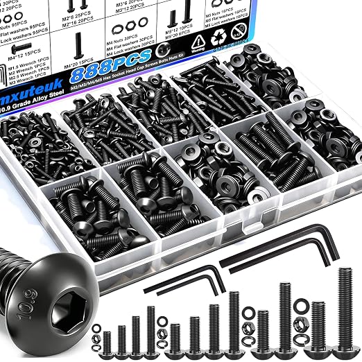 mxuteuk 888PCS Metric Screw Assortment Kit,M2 M3 M4 M5 Machine Screws,10.9 Grade Alloy Steel Metric Hex Button Head Cap Screws Nuts and Flat Washers Assortment Kit for 3D Printing