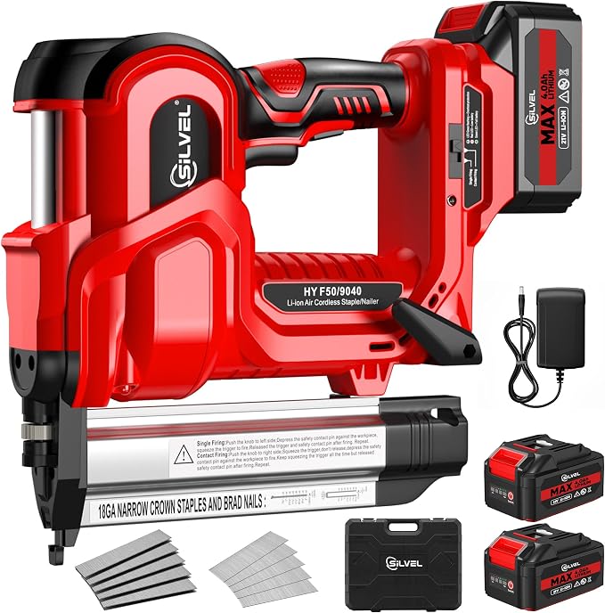 SILVEL 2" Cordless Brad Nailer, 2-in-1 21V Electric Brad Nailer Stapler with 2 * 4.0Ah Battery, 1000pcs Nails, 18GA Staples, Adjustable Depth for Woodworking, Home Improvement