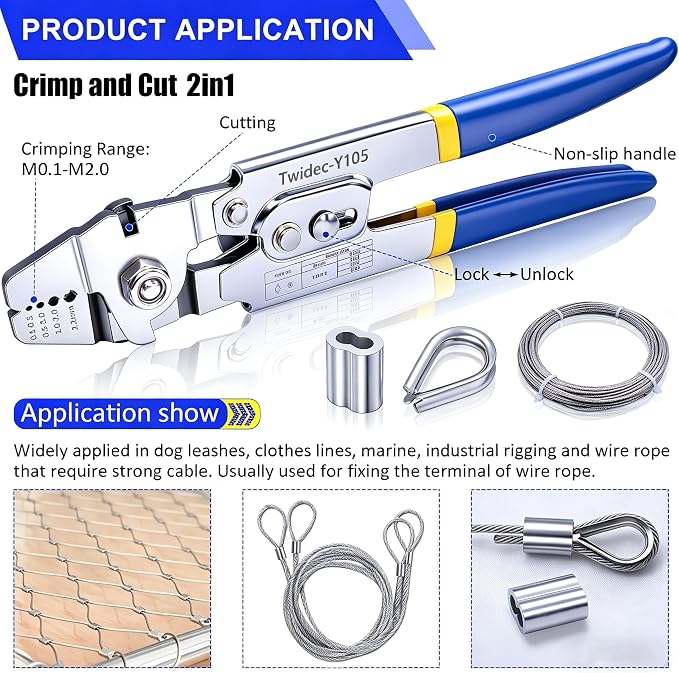 Twidec/Wire Rope Crimping Tool Up To 2.2mm Swaging Tool With 160PCS 1/16''Aluminum Crimping Loop Sleeve And 66FT 1/16'' 304 stainless steel Wire Rope 12PCS Wire Rope Thimbles Kit