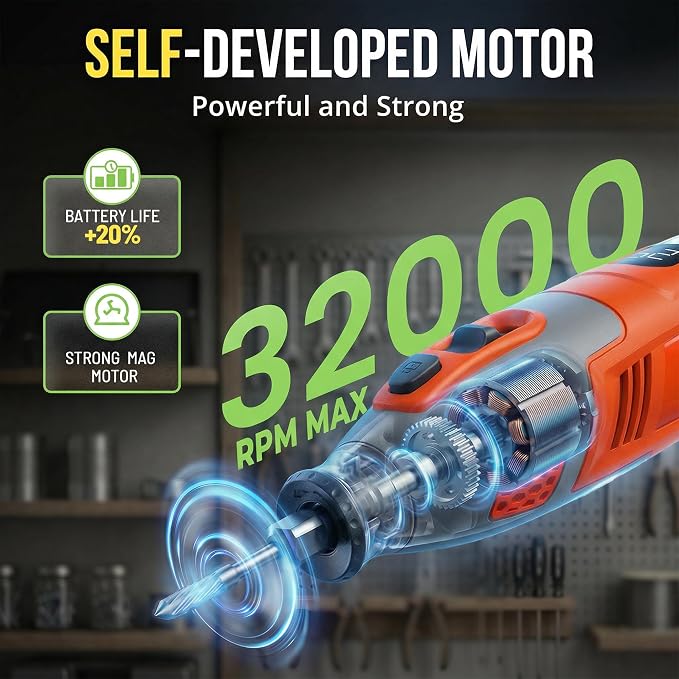 12V Cordless Rotary Tool Kit, Brushless Motor, LCD Display, 8000-32000 RPM Variable Speed, 2.5Ah Battery, 40 Accessories for Wood Carving, Engraving, Grinding, Sanding and Cutting