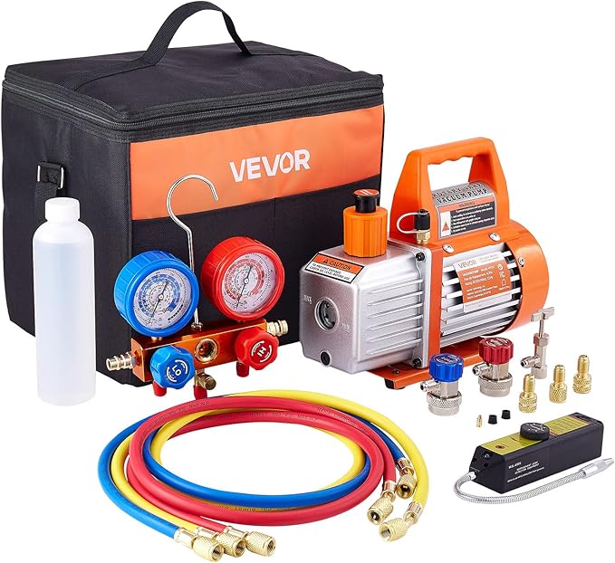 VEVOR 4 CFM AC Vacuum Pump and Gauge Set, 1/3 HP, Single Stage Rotary Vane HVAC Air Vacuum Pump, A/C Refrigerant Manifold Gauge Kit, with Leak Detector, Carry Bag, for R134a R22 R410a Refrigerants