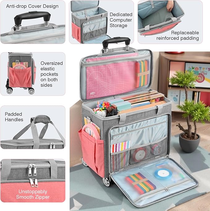 Rolling Teacher Tote Bag with Wheels, Heavy Duty Wheeled Craft Organizer Bag, Portable Art Scrapbook Storage Cart, Travel Office Carry Tote for Women Teachers Craft Supplies Storage Pink