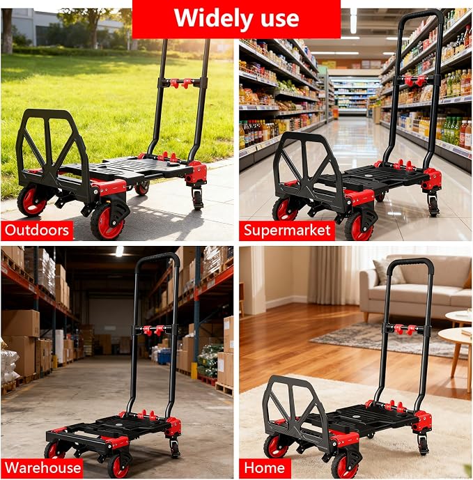2-in-1 Hand Truck Dolly, 330LB Heavy Duty Carrying Portable Handtruck, Folding Hand Dolly with 4 Wheels&Retractable Handle for Moving, Luggage, Shopping, Office
