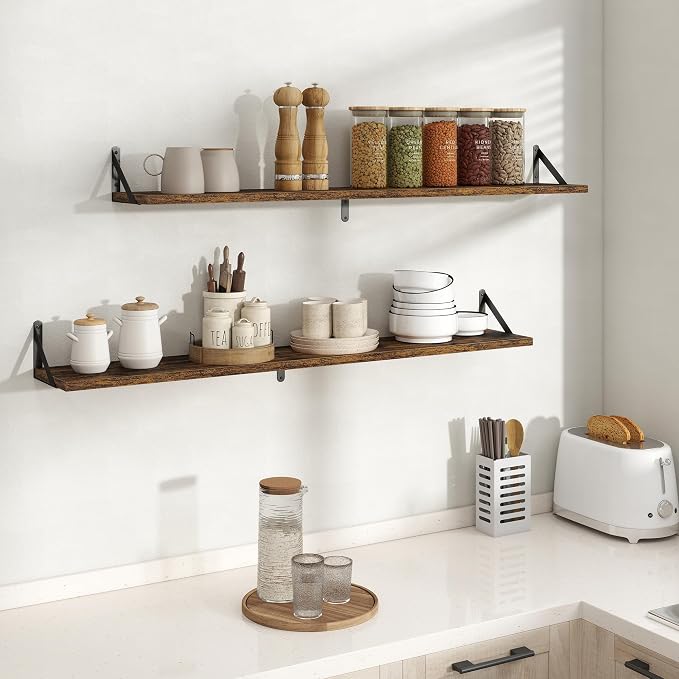 Floating Shelves 8 Inch Deep, 48W x 8D Wall Shelf Set of 2, 70 lbs Heavy Duty Reversible Metal Brackets, Industrial Book Shelf for Living Room Kitchen Bath Bedroom Gallery Wall, Rustic Brown