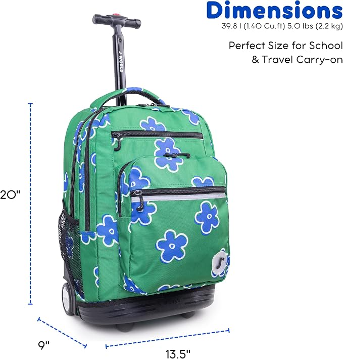 J World Sundance Laptop Rolling Backpack for Girls Boys. Roller Bookbag with Wheels, 20 Inch, Picnic
