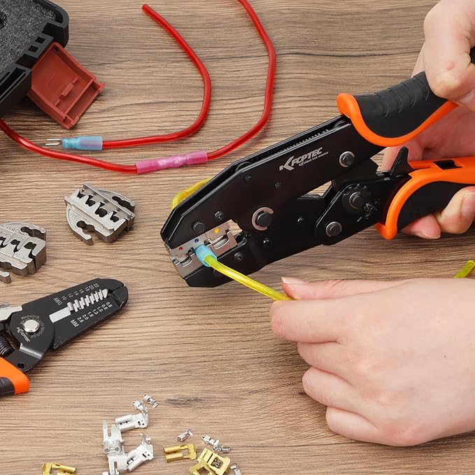 KF CPTEC 9PCS Quick-Change Wire Crimper Kit, Ratcheting Crimping Tool Set with Interchangeable Jaws, AWG 22-2, for Heat Shrink, Ferrules, Open Barrel, Insulated & Solar Connectors
