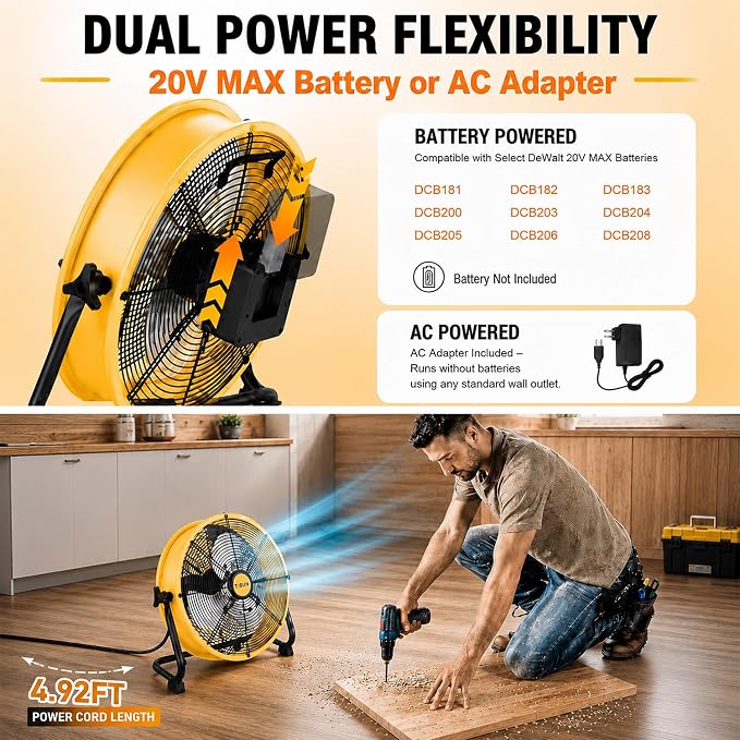 T-SUN 12-Inch Portable Fan Compatible with DeWalt 20V MAX Battery, Battery Powered Fan with AC Adapter & USB-C Output, High Velocity Cordless Floor Fan for Jobsite, Garage, Camping