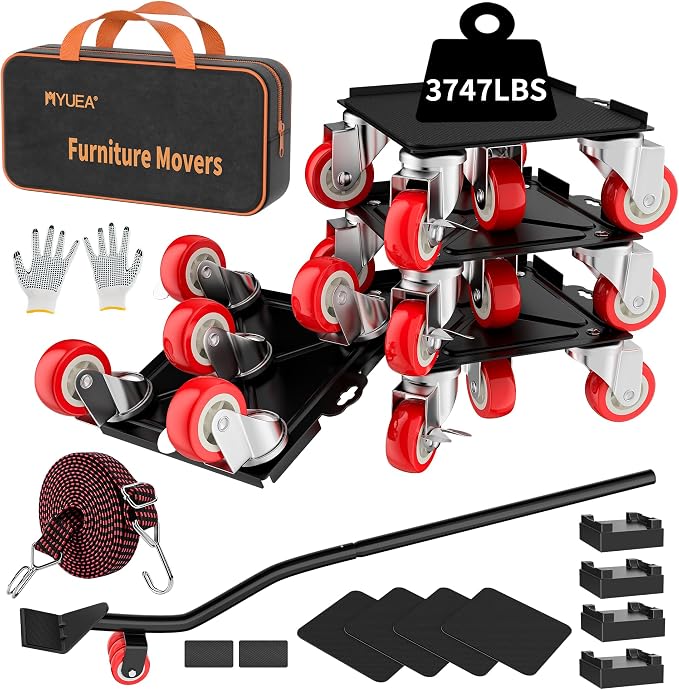 MYUEA Furniture Dolly,Furniture Movers with 5 Wheels,Carbon Steel Panel Heavy Duty Dolly,Maximum Load 3747 LBS,Furniture Lifter with 5 360° Rotatable Rubber Universal Wheels(Black,8.26x7.87 in)