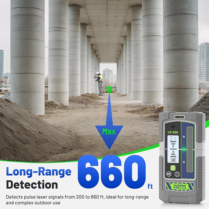 Huepar Pro Laser Level Rechargeable, Self Leveling Green Cross Line Laser Level Tool with Outdoor Pulse Mode, 18-Hour Long Runtime with Laser Receiver -GK011SG&LR300